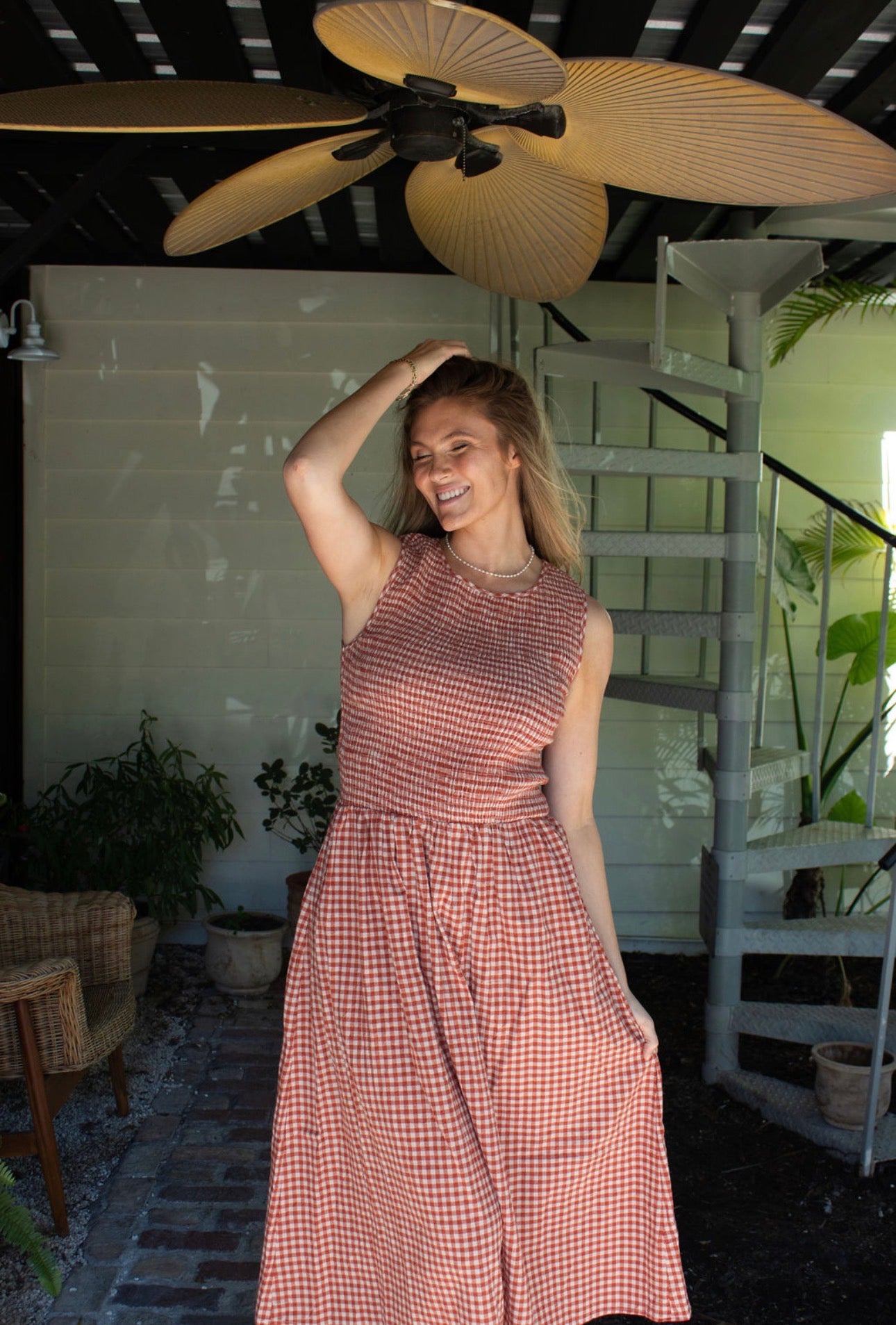 Woven Cotton Gingham Smocked Midi Dress