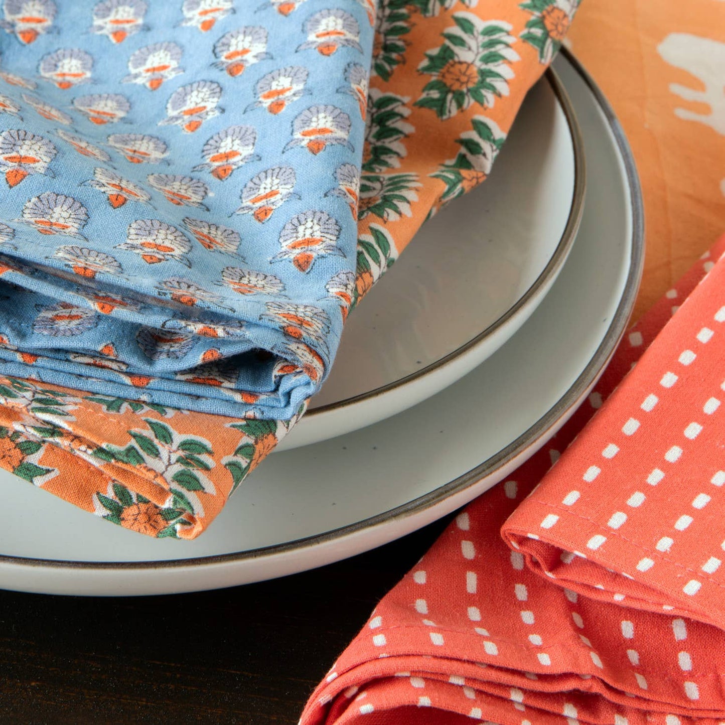 Peach & Chambray Block Print Napkins