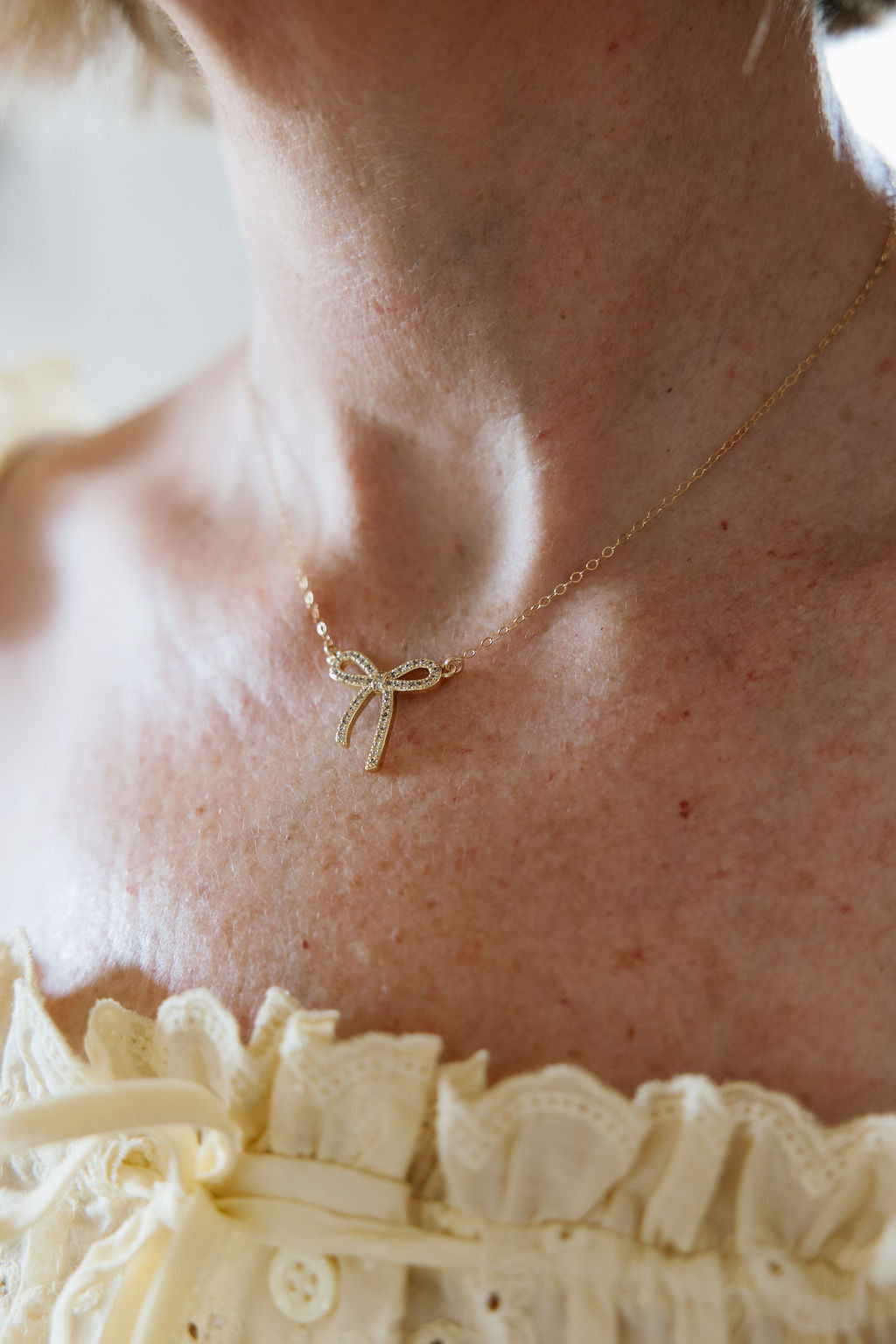 Bow Ribbon CZ Gold Filled Necklace