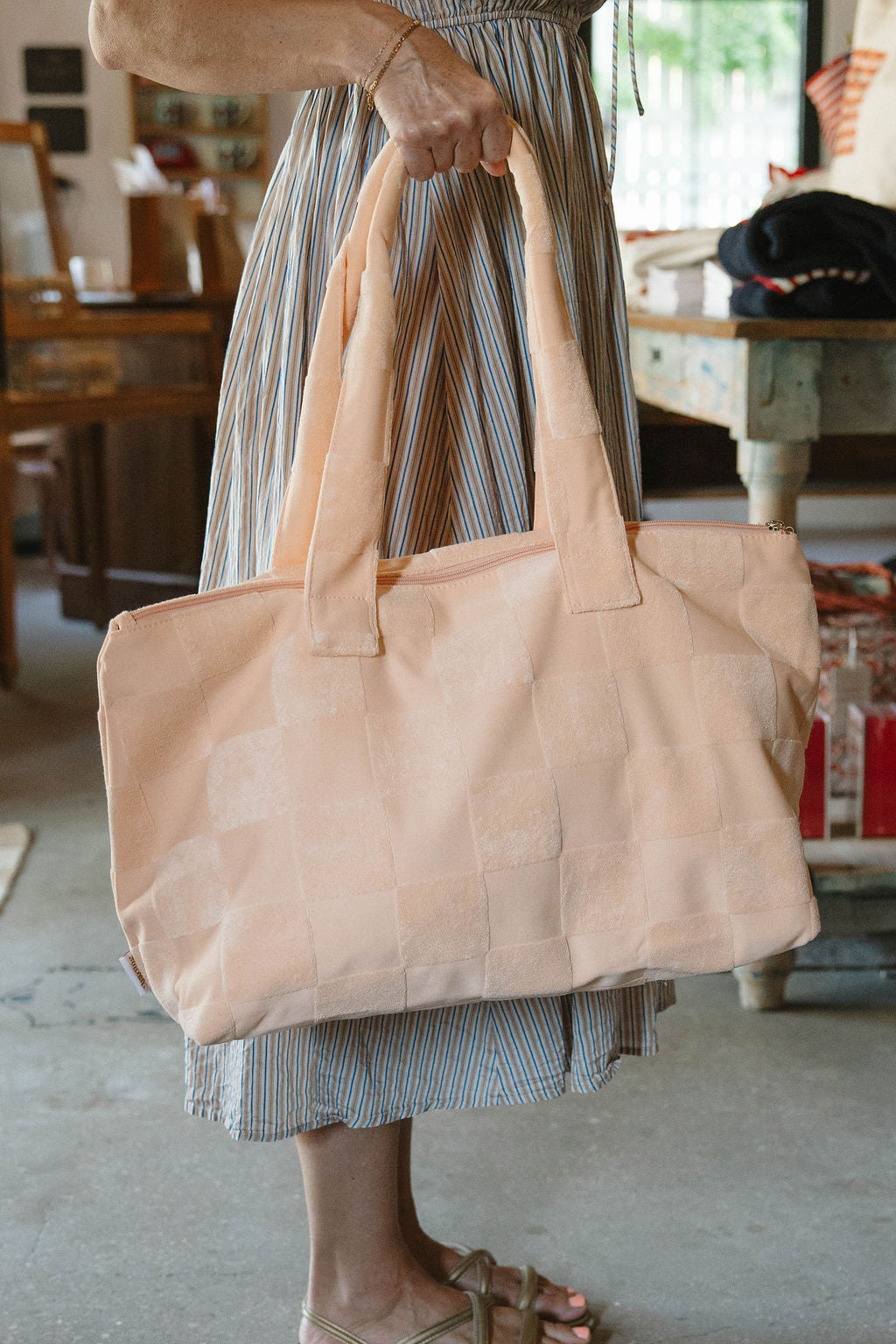 Peach Check Terry Tote