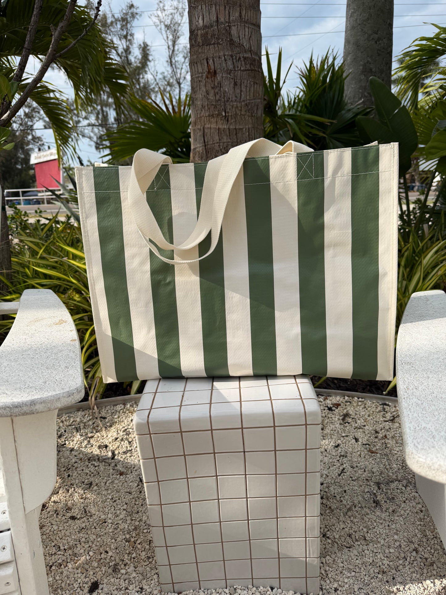Striped Olive Carryall Beach Bag