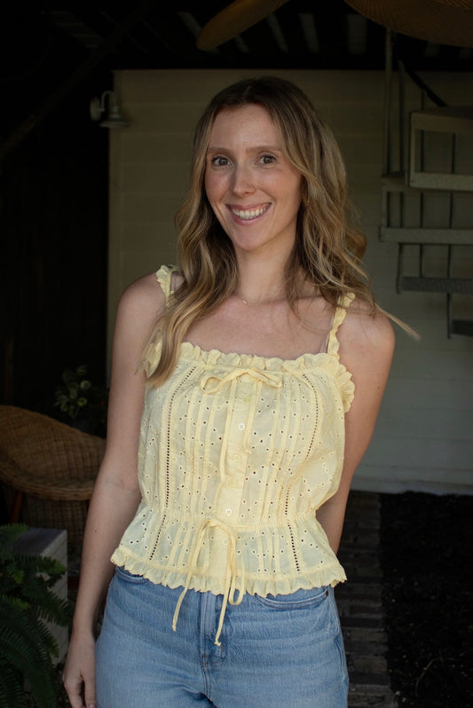 Eyelet Button Down Square Neck Top