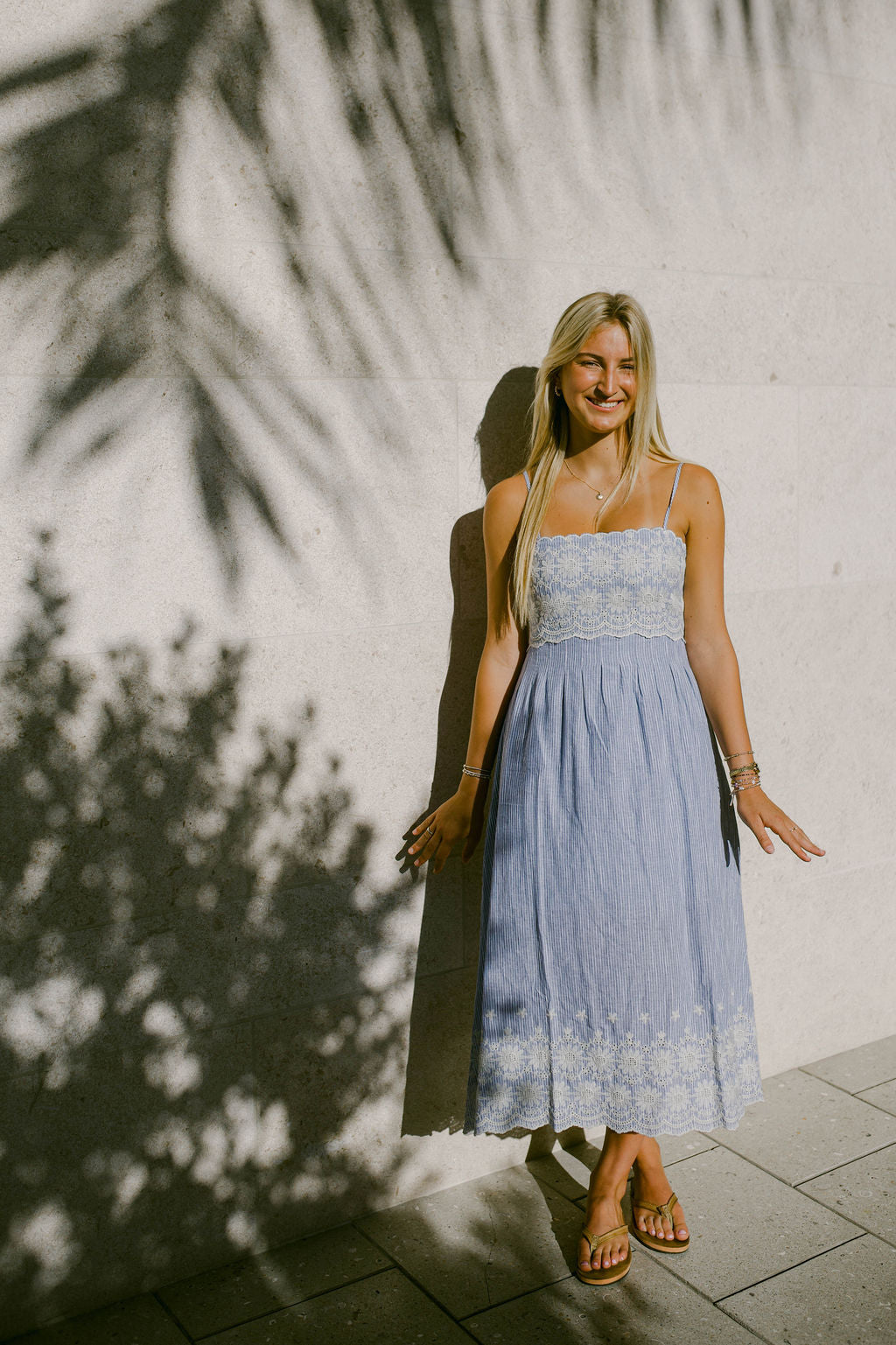 Pinstripe Midi Dress with Embroidered Lace