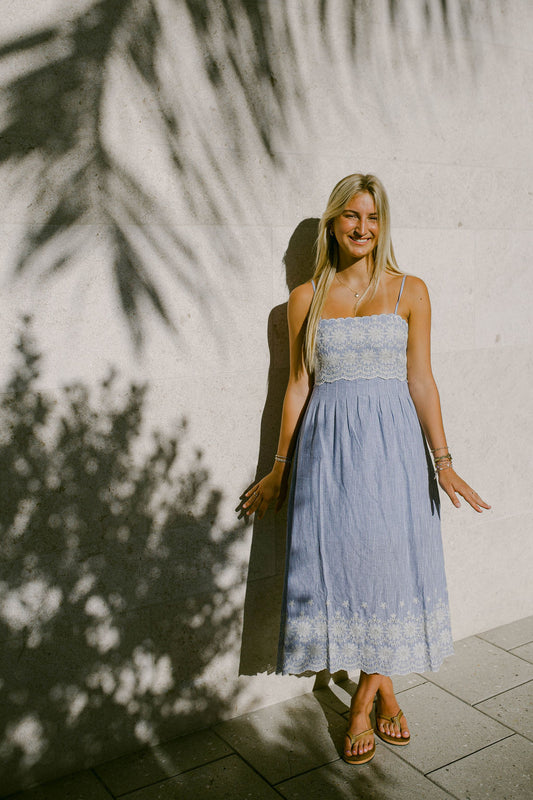 Pinstripe Midi Dress with Embroidered Lace