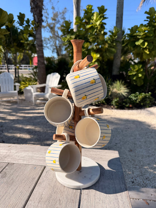 Mango Wood & Marble Mug Rack (Holds 6 Mugs)