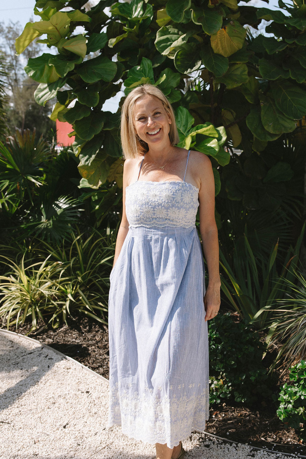 Pinstripe Midi Dress with Embroidered Lace