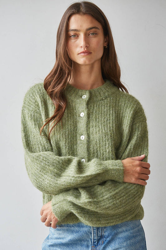 Olive Ribbed Mock Neck Cardigan