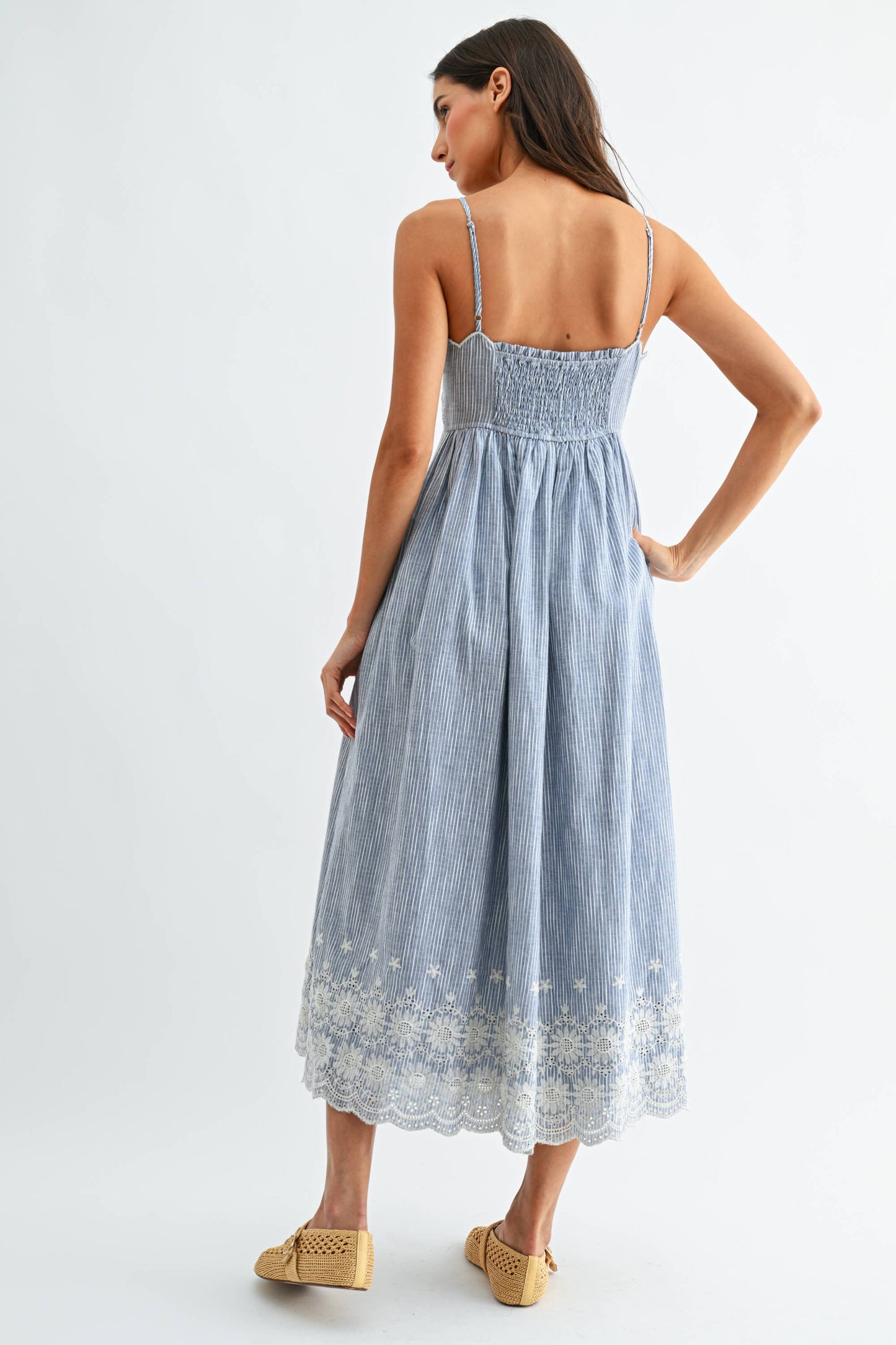Pinstripe Midi Dress with Embroidered Lace