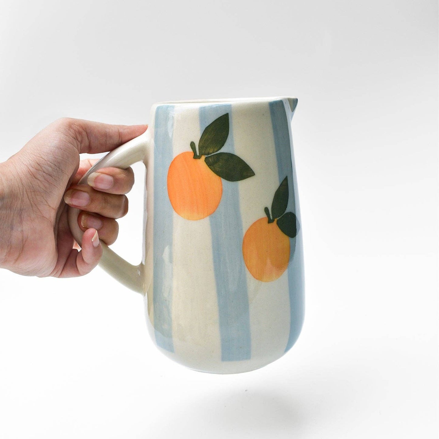 Blue Striped Orange Ceramic Pitcher