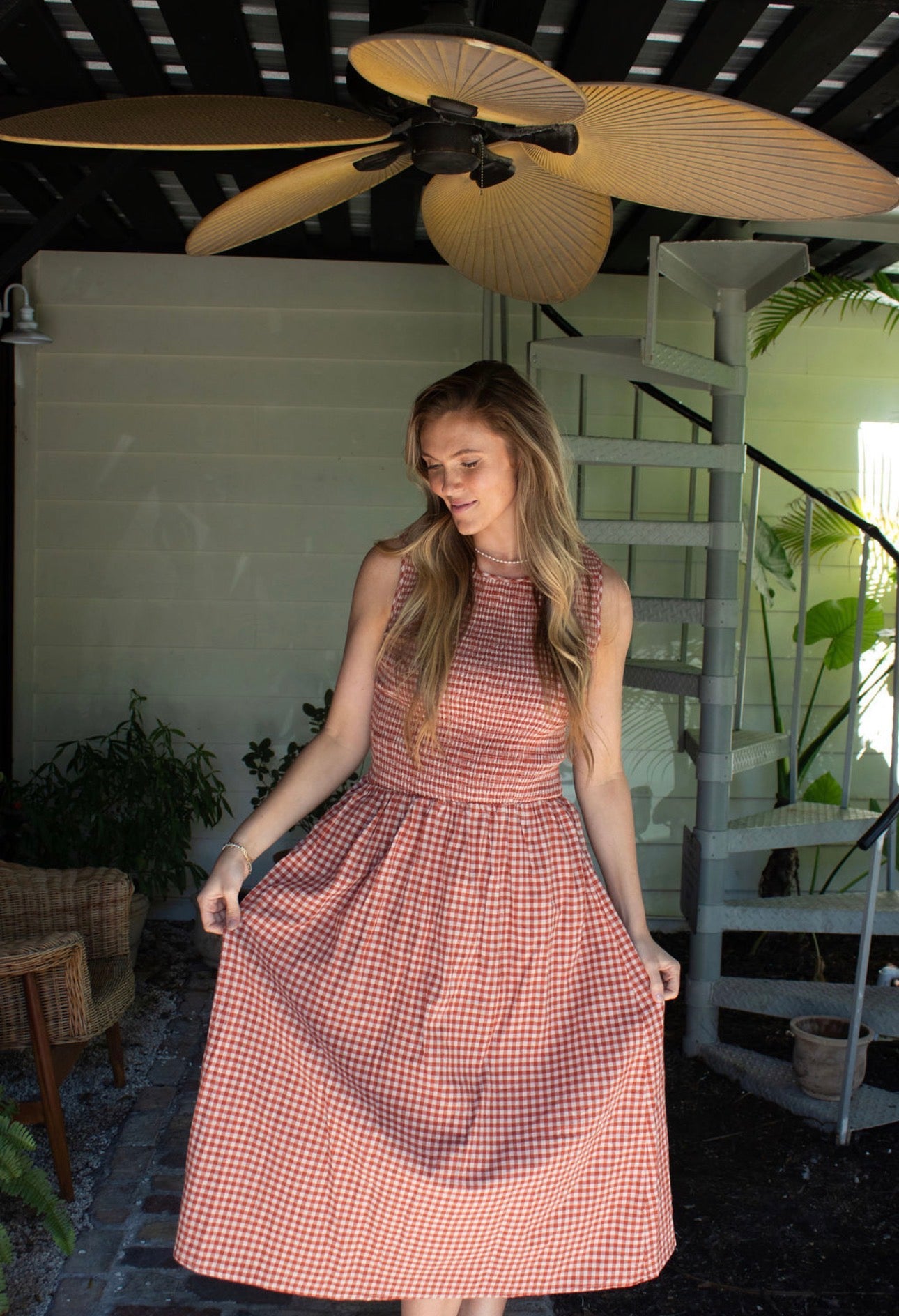Woven Cotton Gingham Smocked Midi Dress