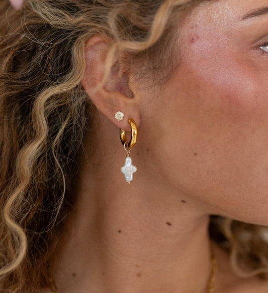 Pearl Cross Hoop Earrings