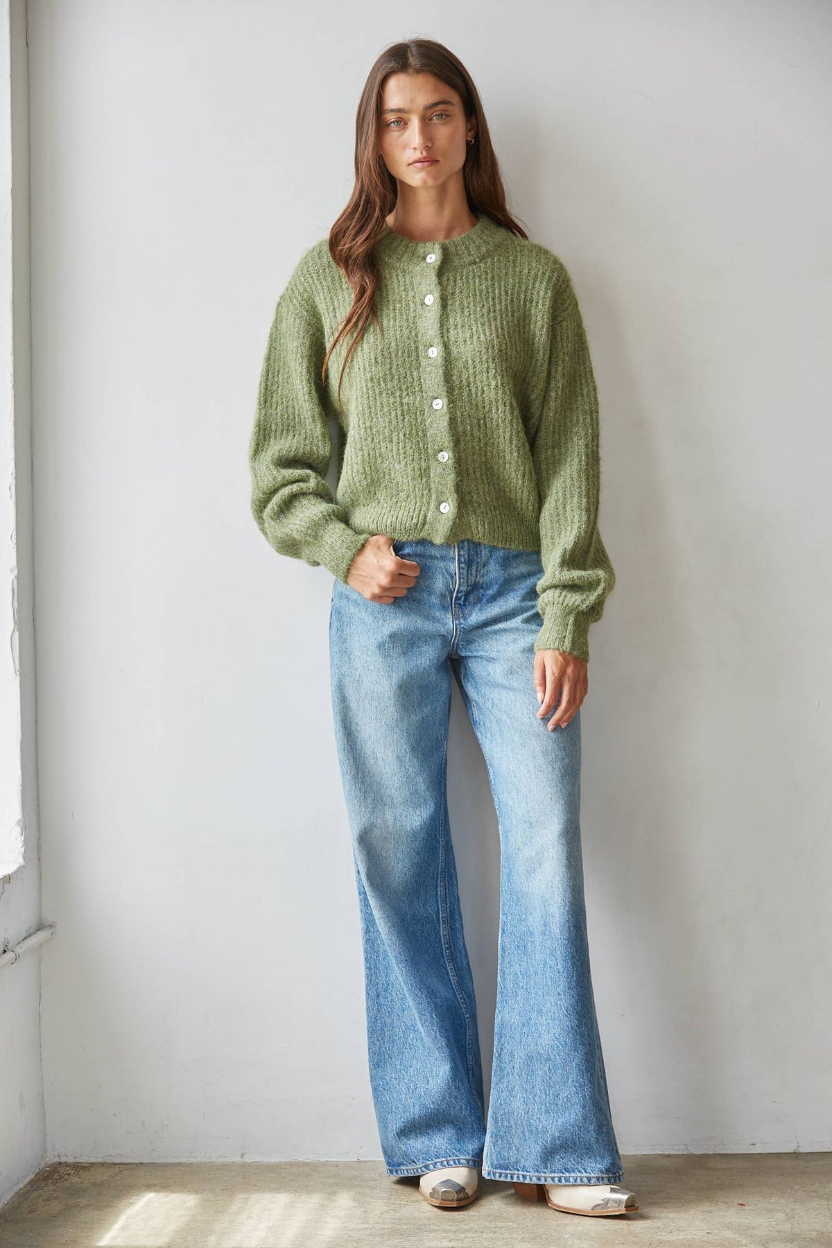 Olive Ribbed Mock Neck Cardigan