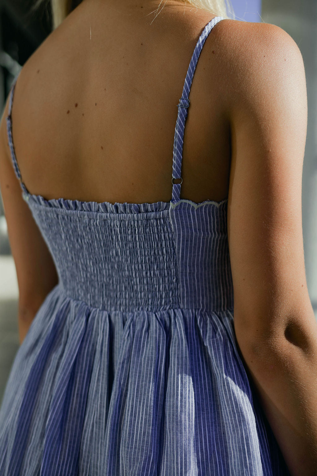 Pinstripe Midi Dress with Embroidered Lace