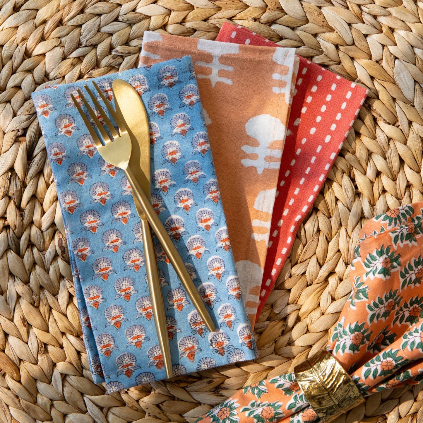 Peach & Chambray Block Print Napkins Set of 4