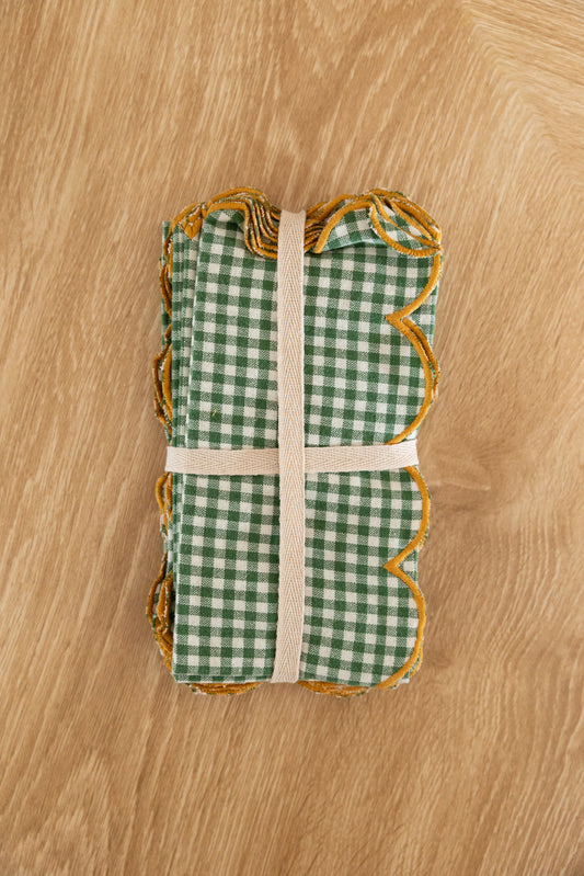 Green Scalloped Napkins with Golden Stitched Edges, Set of 4