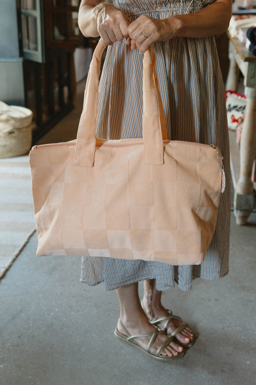 Peach Check Terry Tote