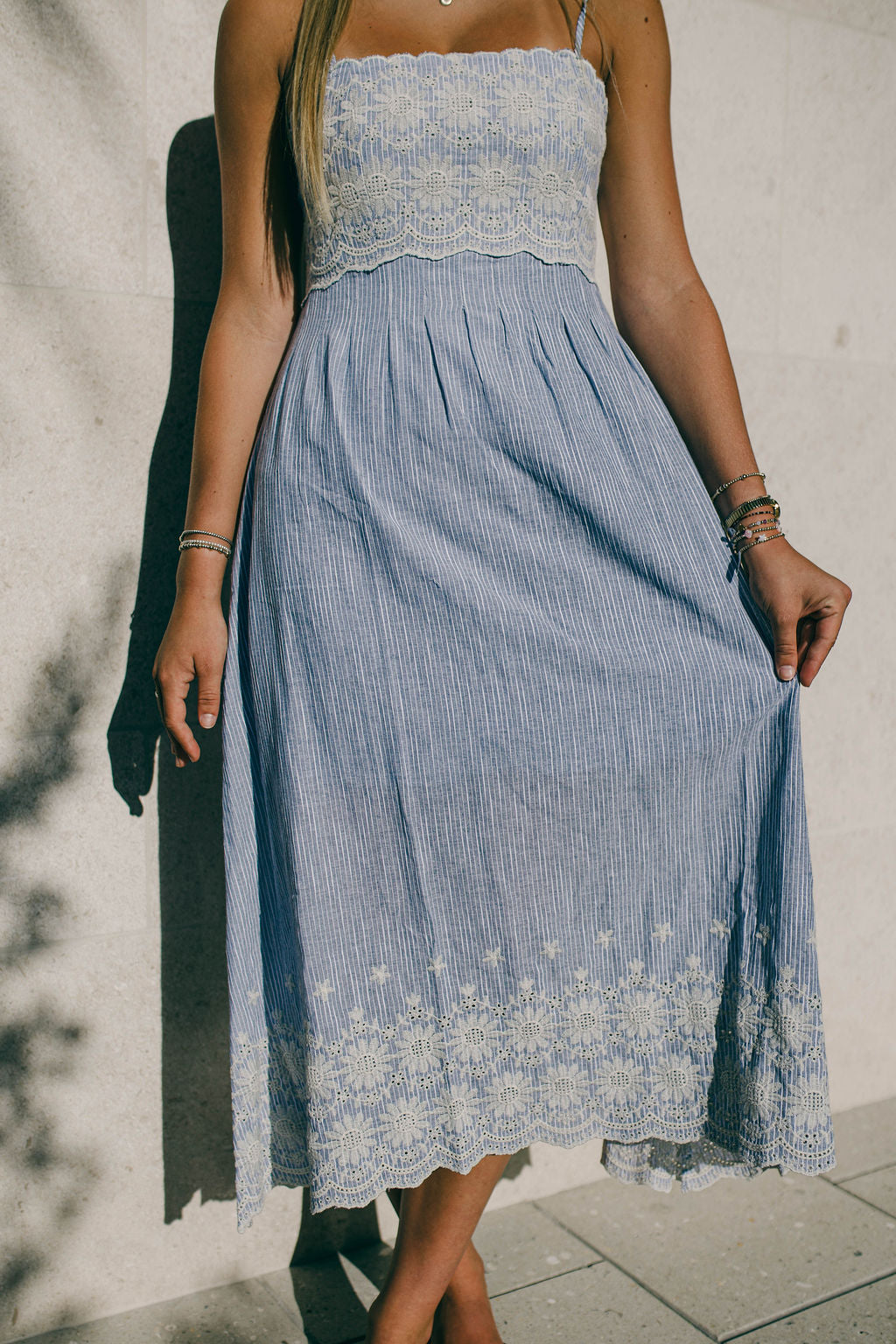 Pinstripe Midi Dress with Embroidered Lace