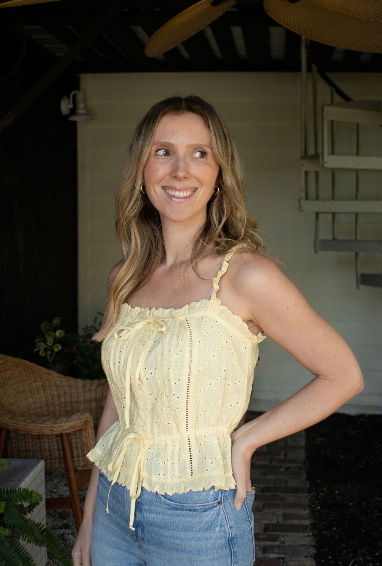 Eyelet Button Down Square Neck Top