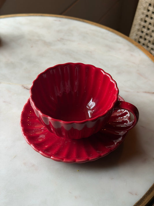 Cranberry Stoneware Ribbed Mug with Saucer