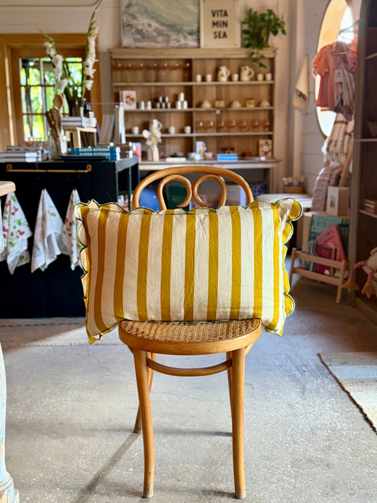 Sunny Striped Scalloped Lumbar Pillow with Green Stitched Edge