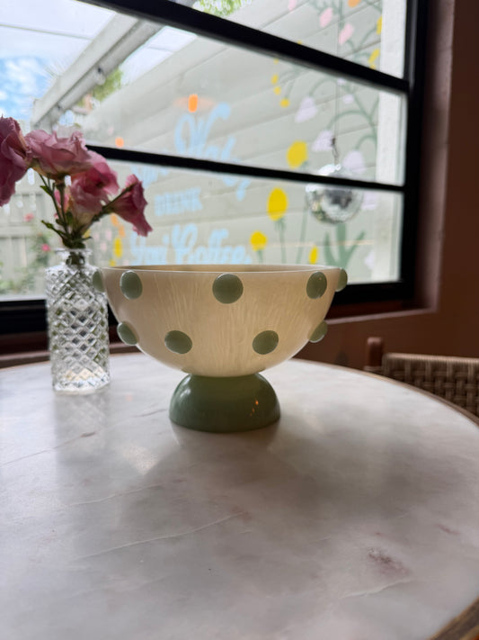 Milky White & Blue Hobnail Footed Bowl