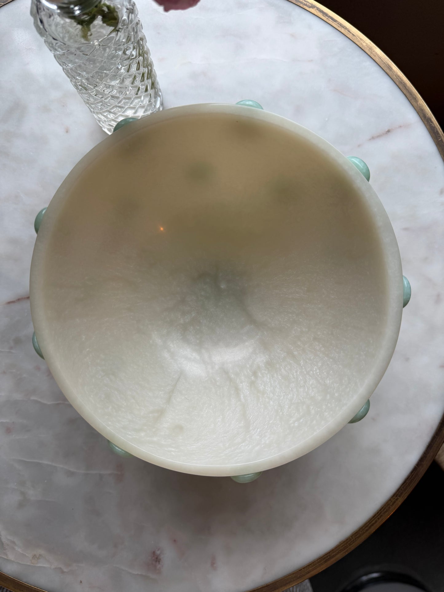 Milky White & Blue Hobnail Footed Bowl