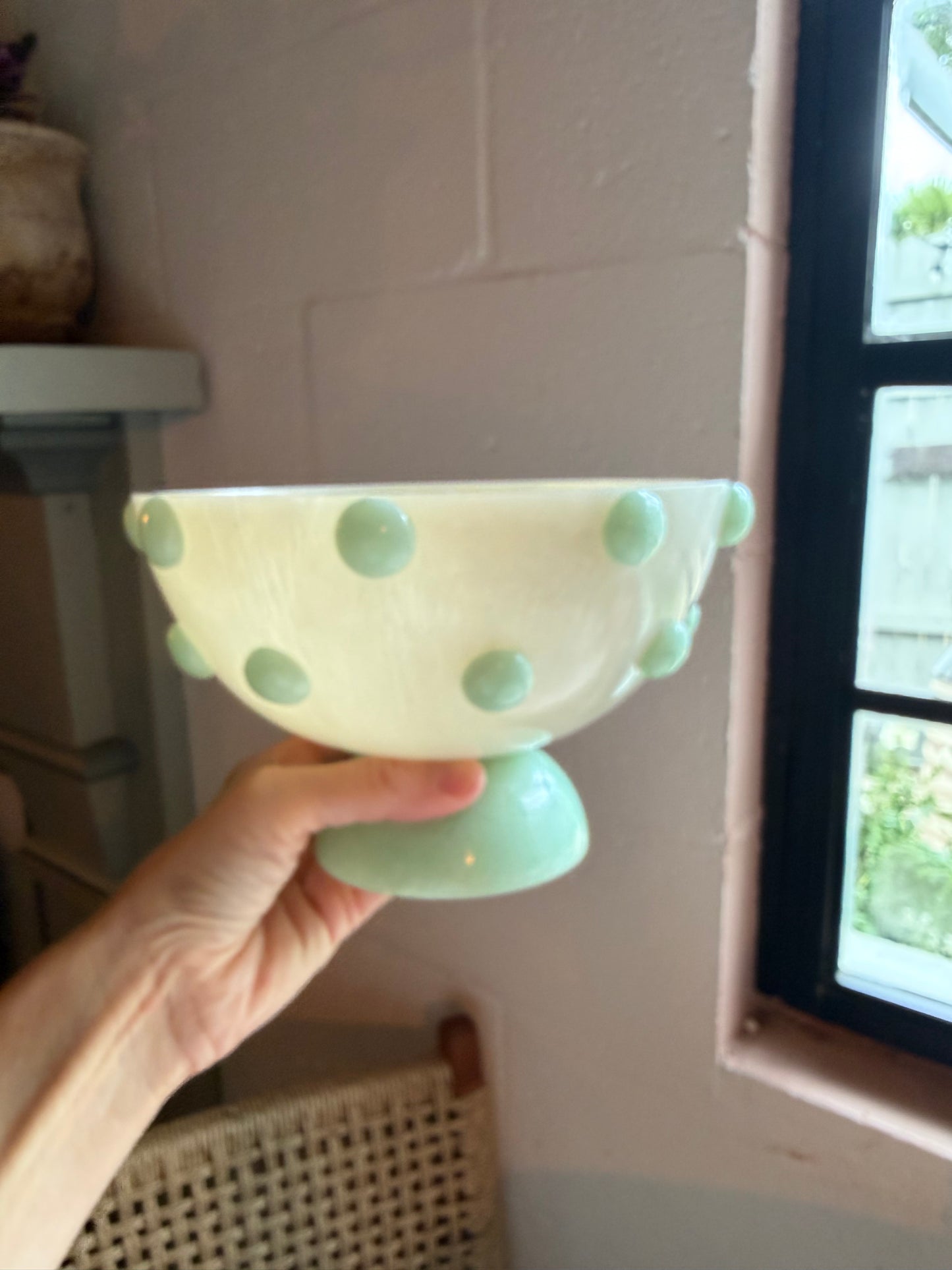 Milky White & Blue Hobnail Footed Bowl