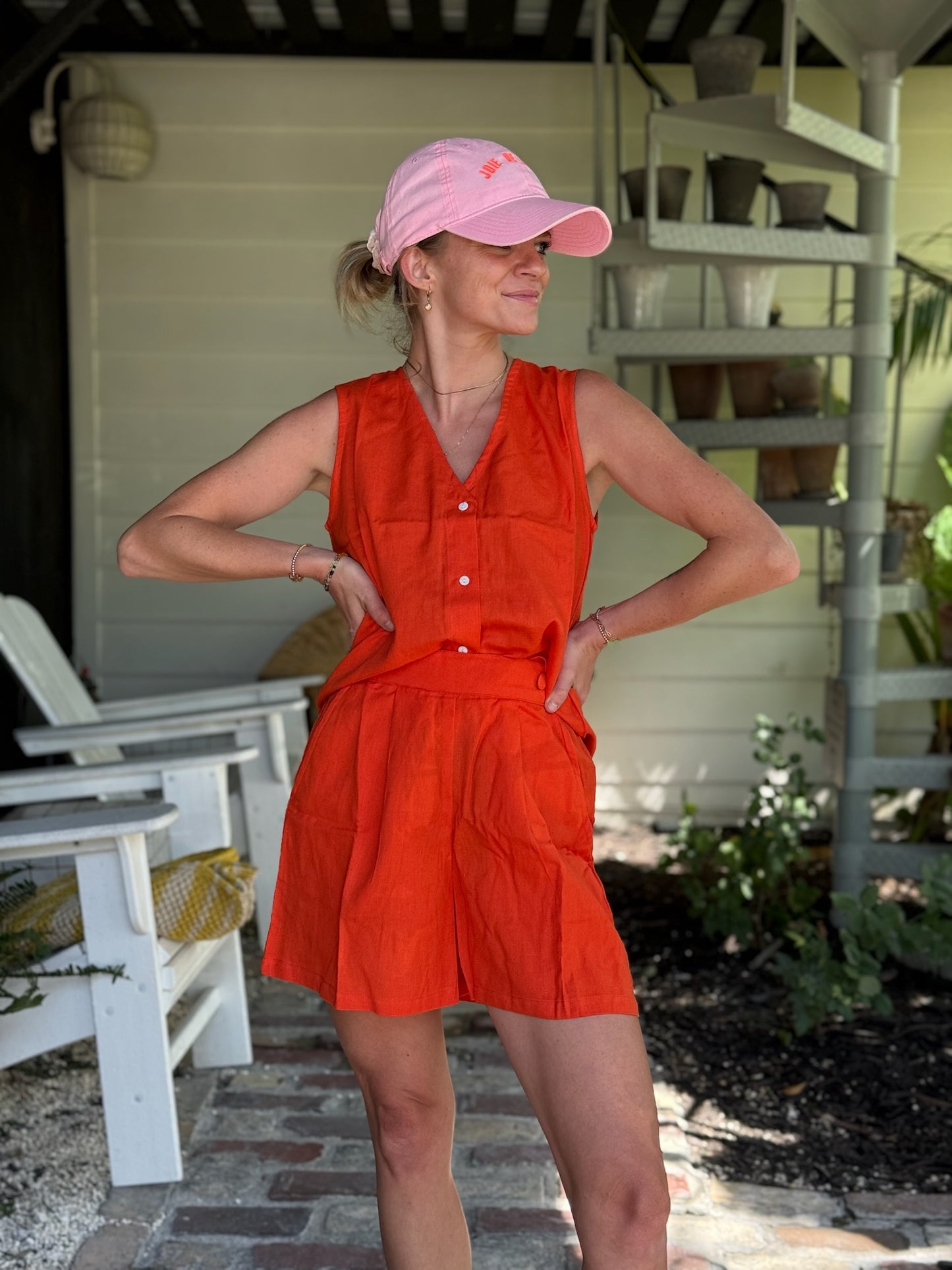 Red-Orange Button Top