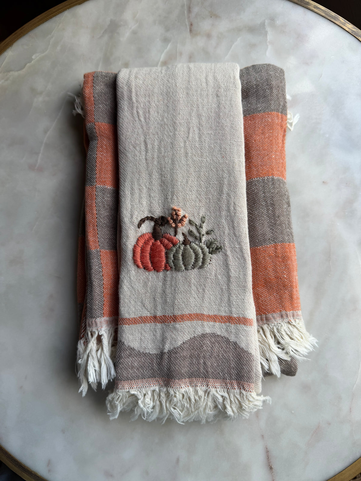 Pumpkin Hand-Stitched Tea Towel- Set of Two