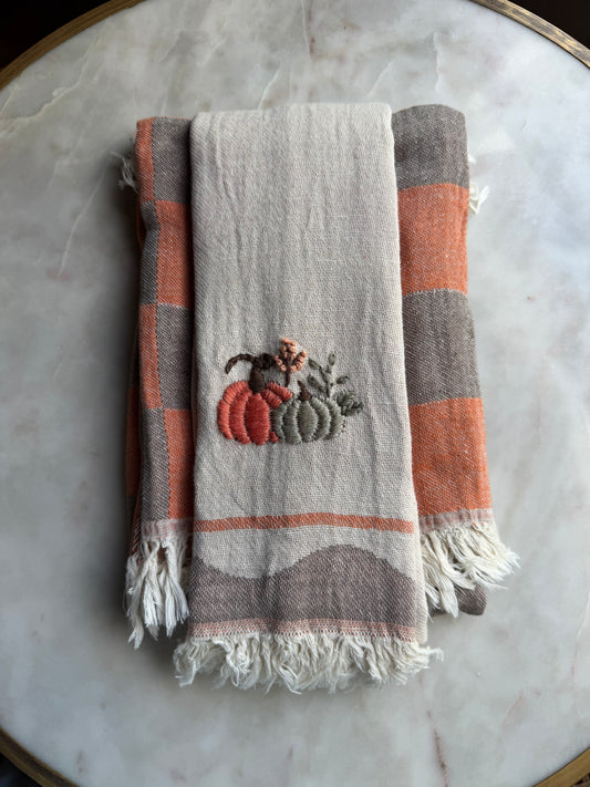 Pumpkin Hand-Stitched Tea Towel- Set of Two