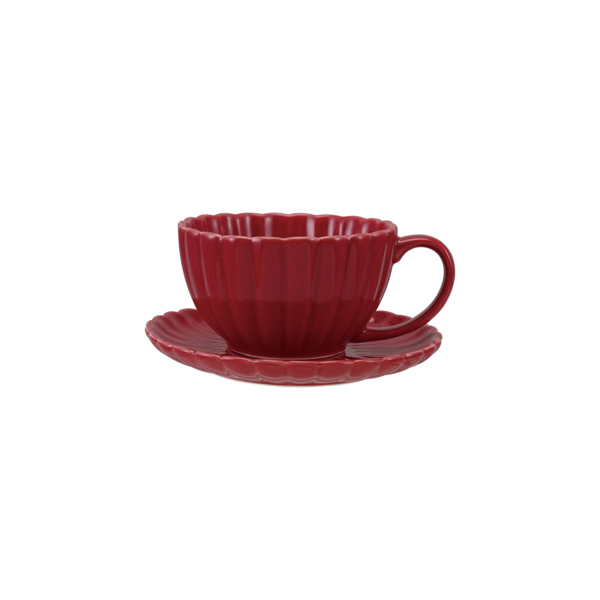 Cranberry Stoneware Ribbed Mug with Saucer